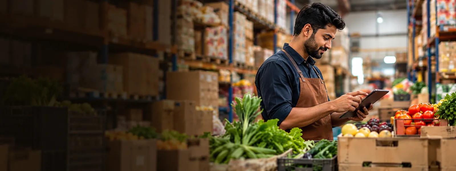 A distributor with a tablet among crates of fresh vegetables in his warehouse