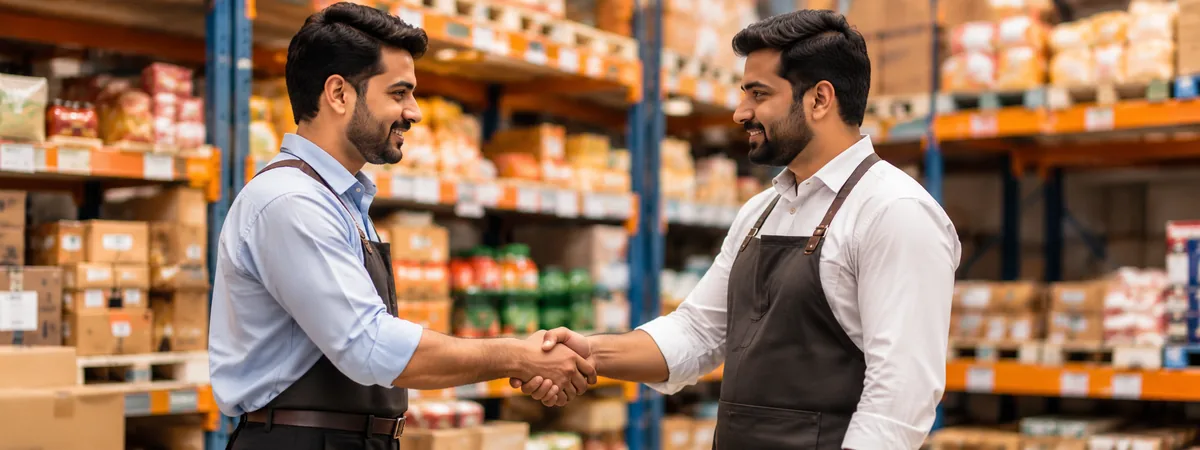 A distributor and a supplier shake hands in a warehouse